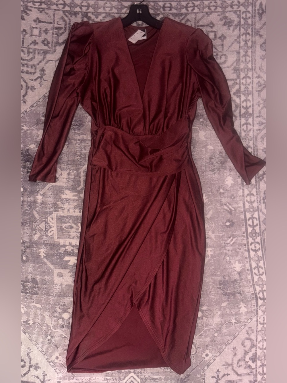 Women’s Burgundy Wrap Midi Dress with Puff Shoulders